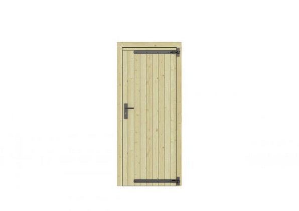 Vuren dichte enkele deur 90x201 cm, rechtsdraaiend, zwarte hengen, zwart beslag, groen geimpregneerd